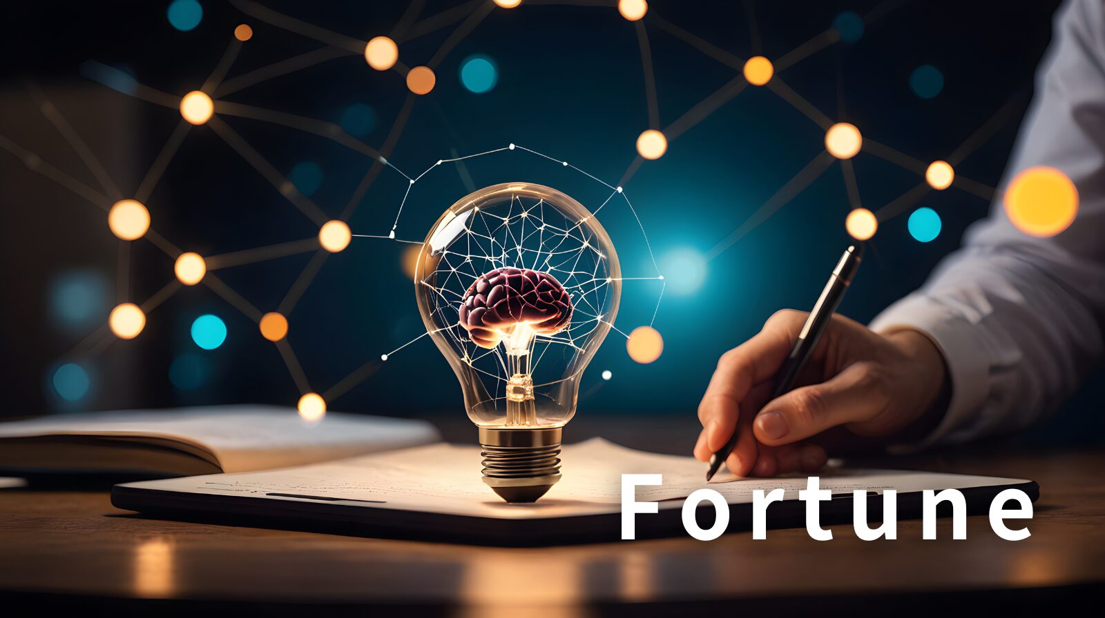 記入中のノートの上に電球があり右下に「FORTUNE」と書かれている暗めで幻想的な雰囲気の画像
