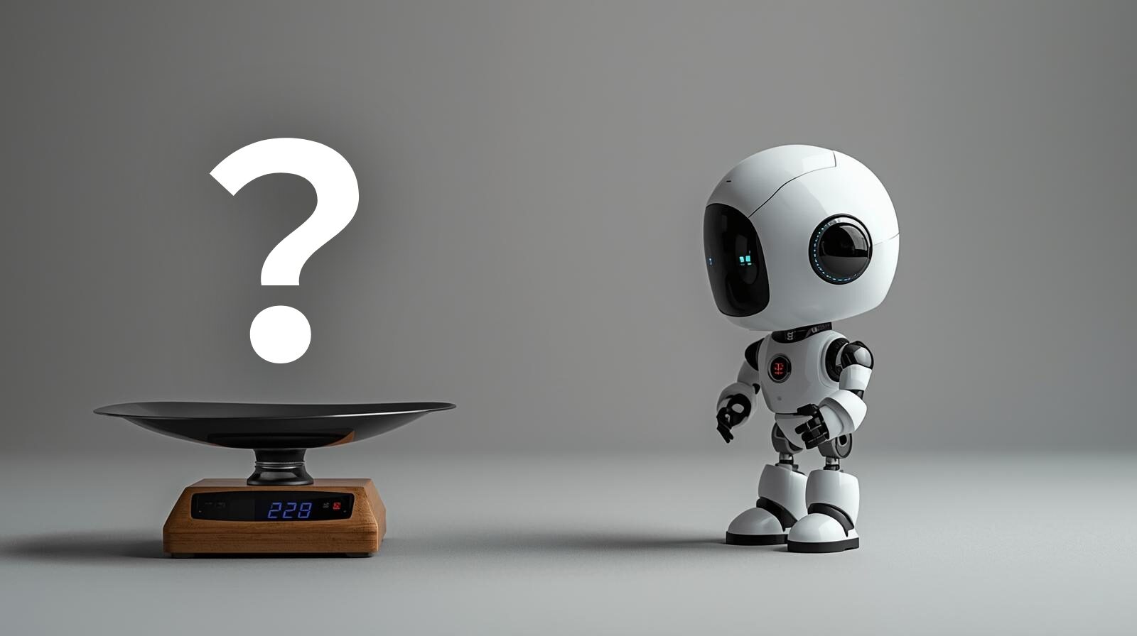 小さいロボットが「？」乗っている天秤を見ている画像