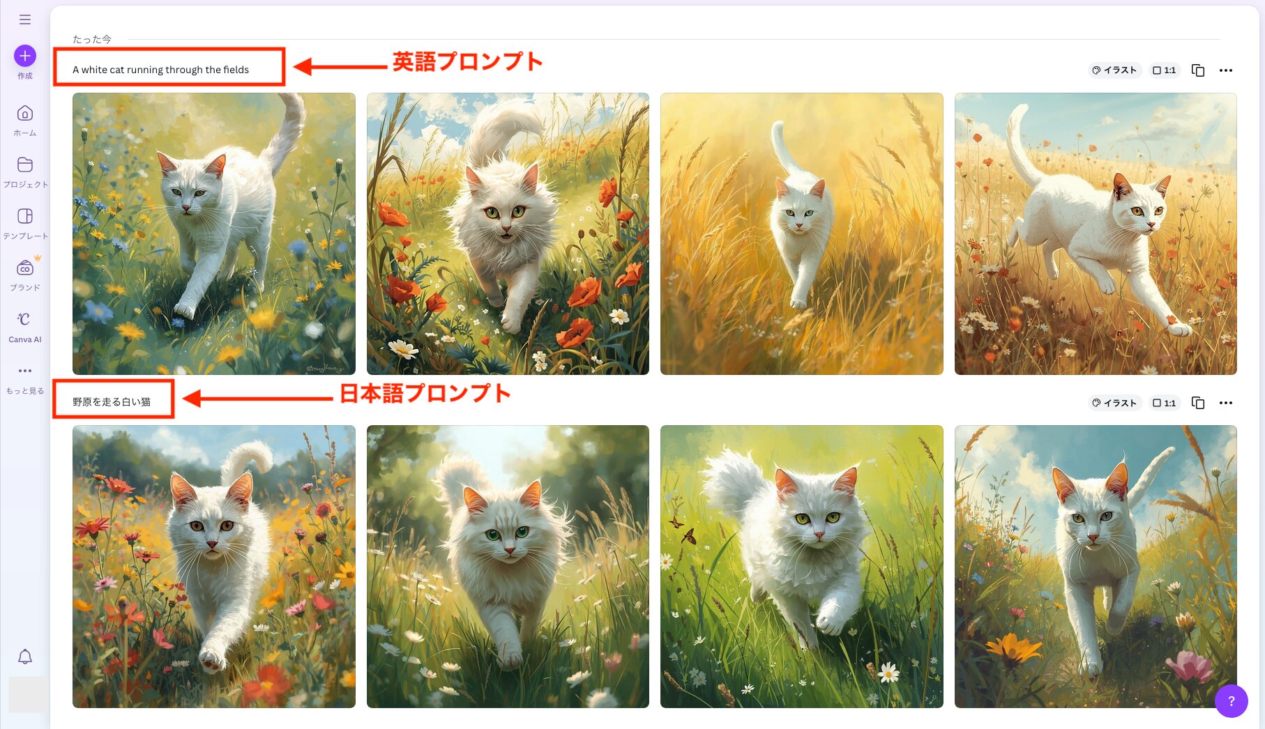 英語と日本語のプロンプトで猫の生成画像を比較した画像