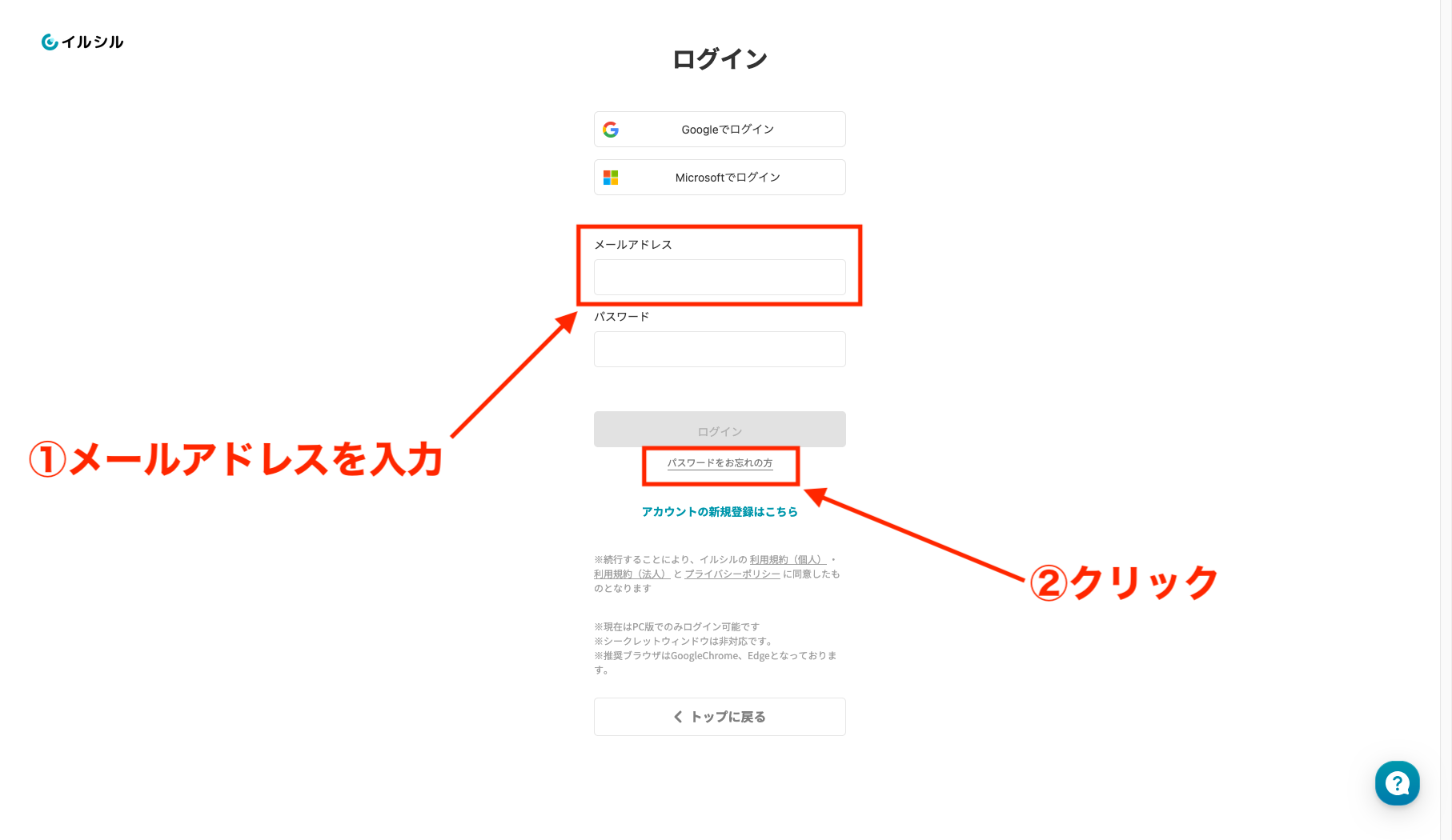 ログイン画面で①メールアドレスを入力②「パスワードをお忘れの方はこちら」をクリックする画像