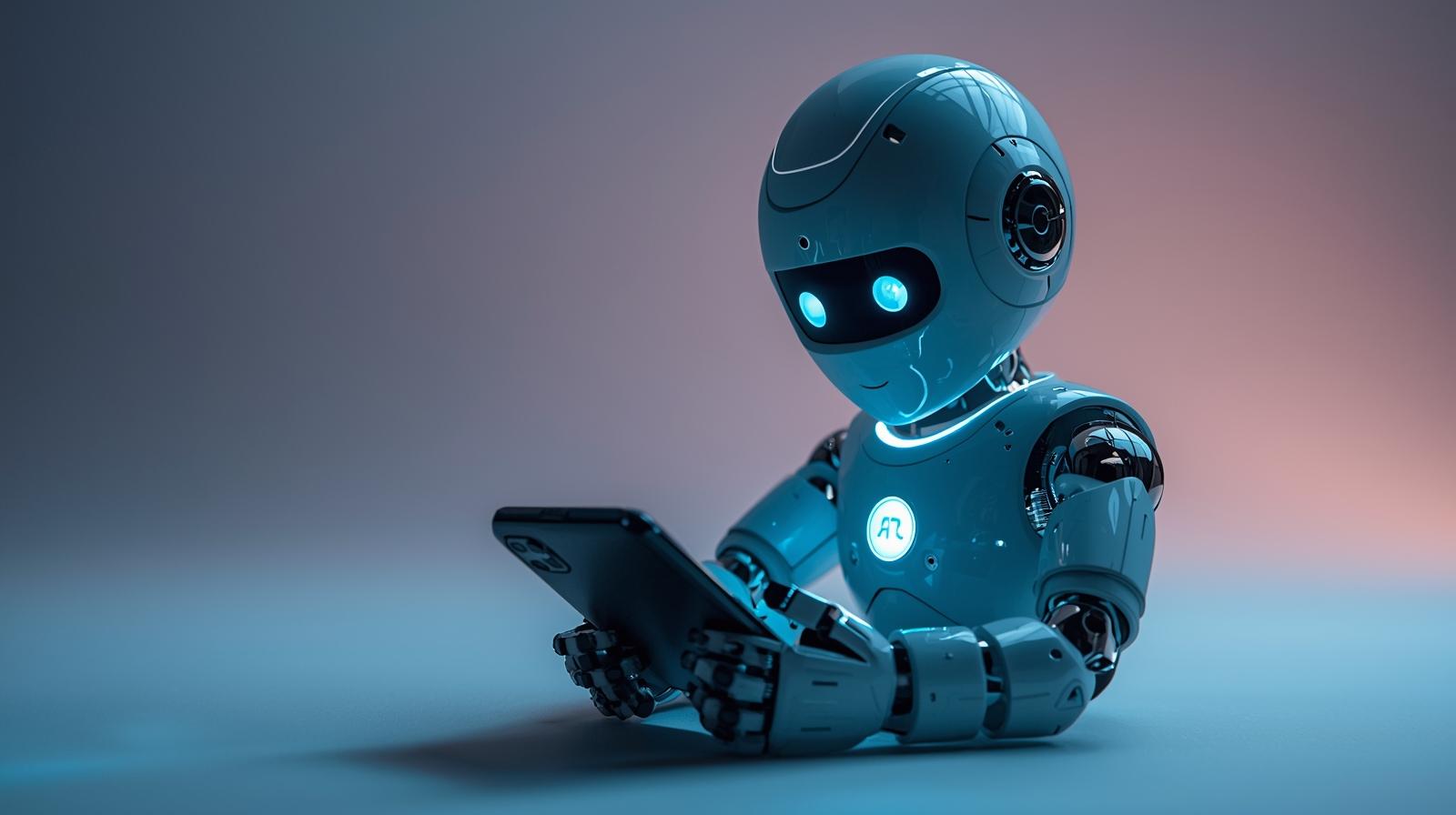 小さなAIロボットがスマートフォンを操作している