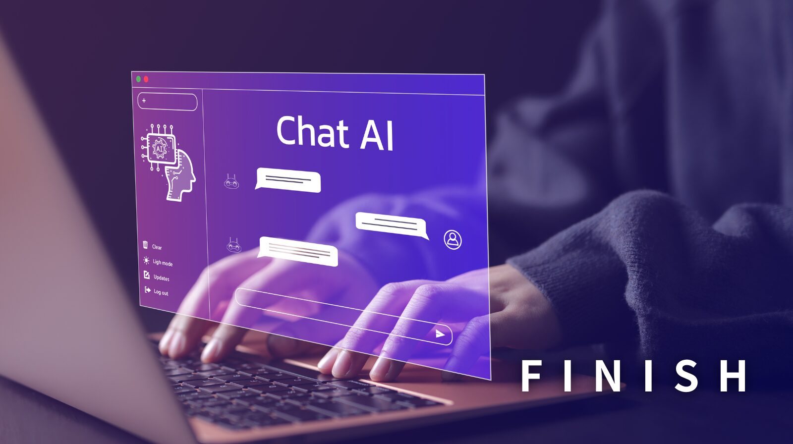 ノートパソコンを打っている手元の画像。右下に「FINISH」