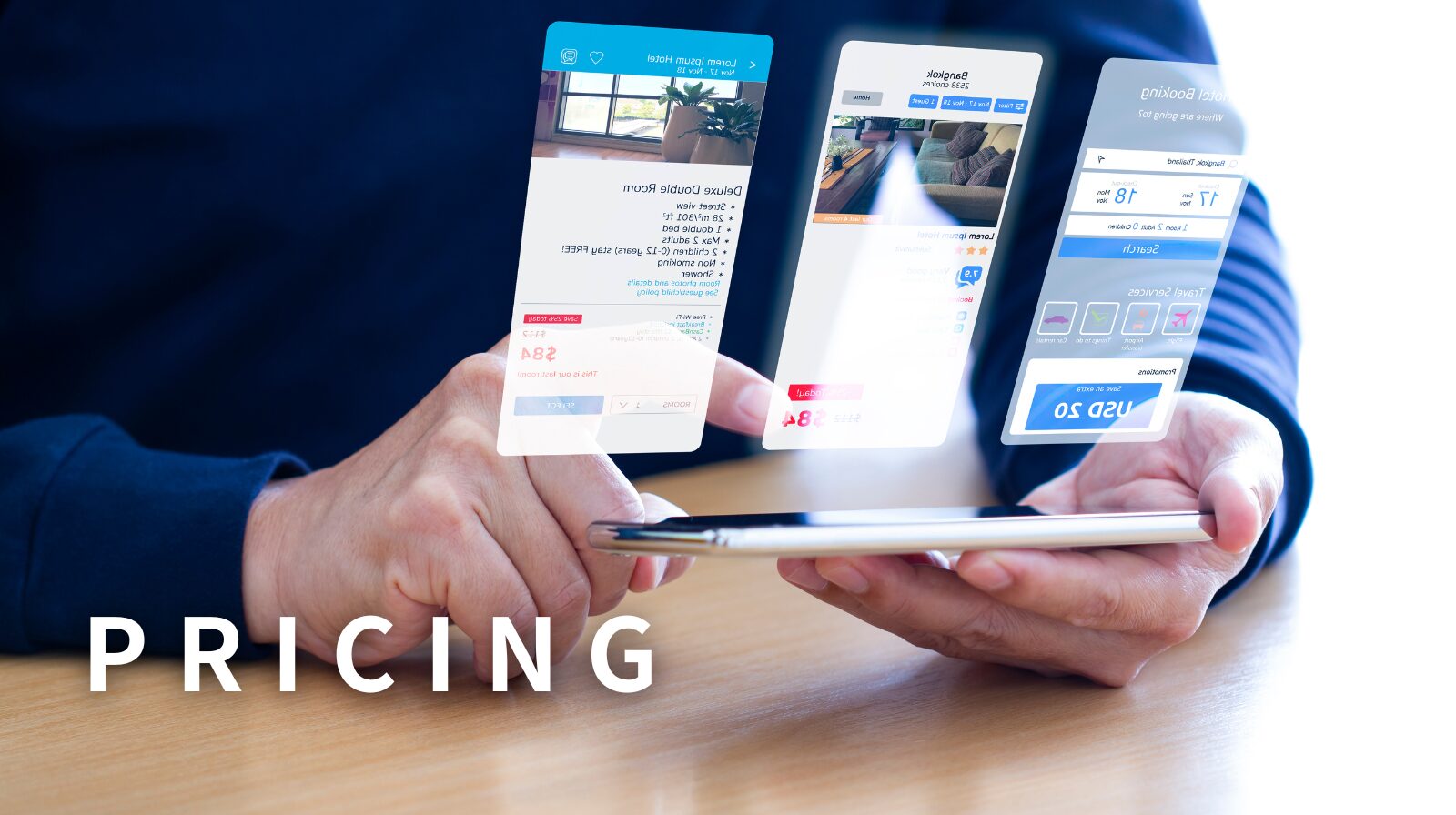 スマホを見ながらホログラムで価格表が表示され見比べている画像