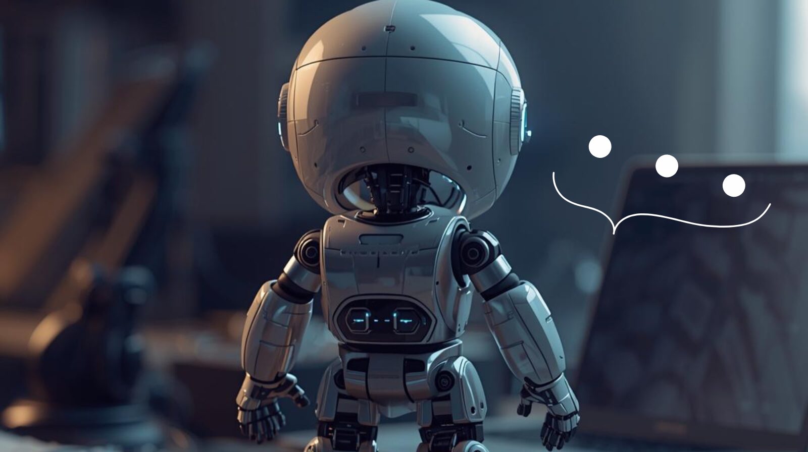 ノートパソコンを見つめているAIロボットに吹き出し「…」が出ている画像