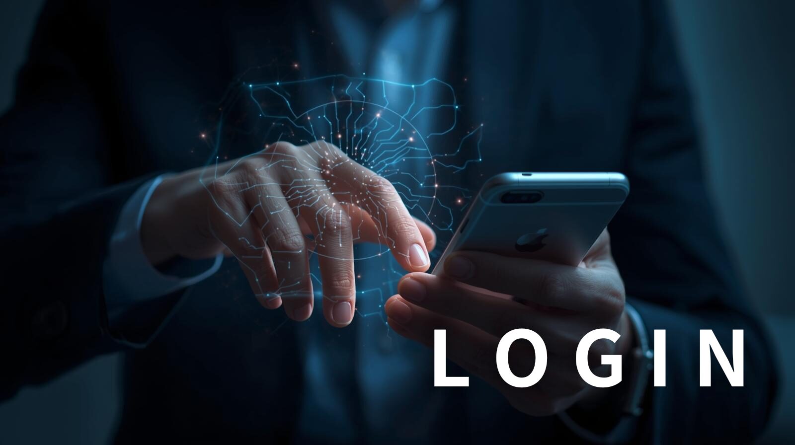 スマホ操作している手元の画像。右下に「LOGIN」