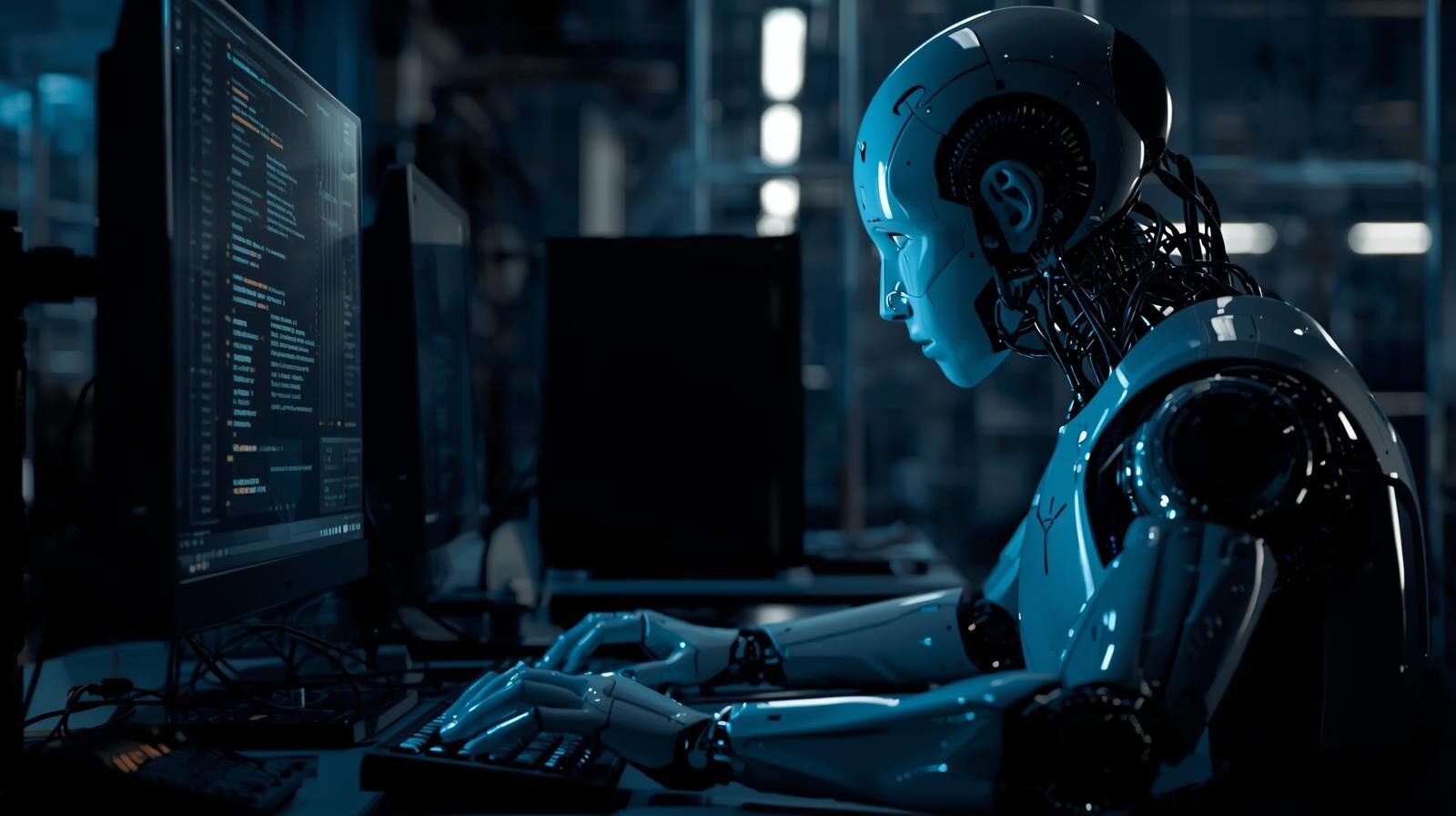 ロボットがパソコンに向かってキーボードを打っている画像