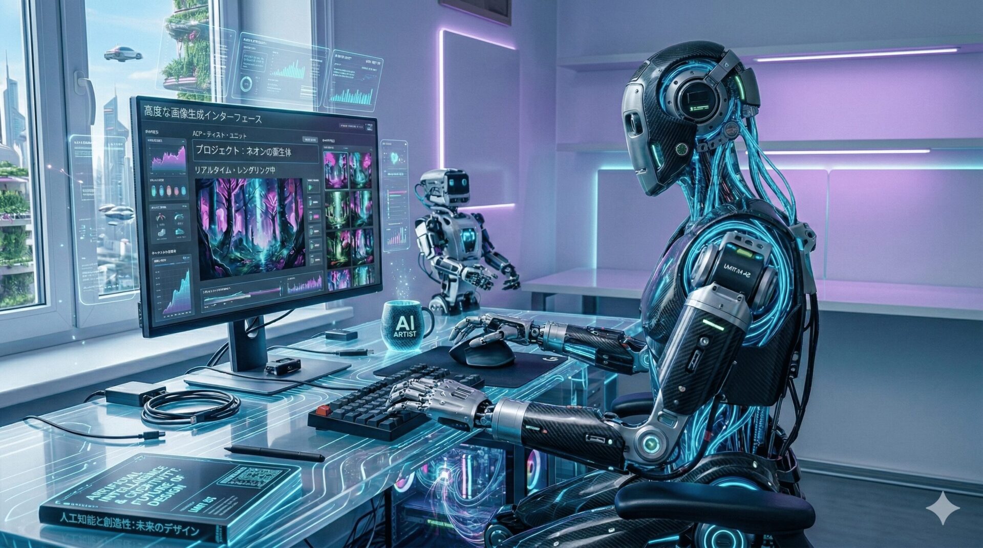 パソコンに向かって作業しているロボット