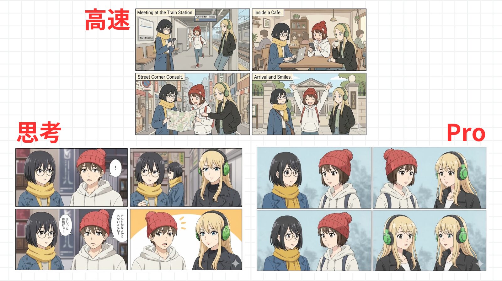 複数キャラクターの一貫性を保った4コマ連続イラスト