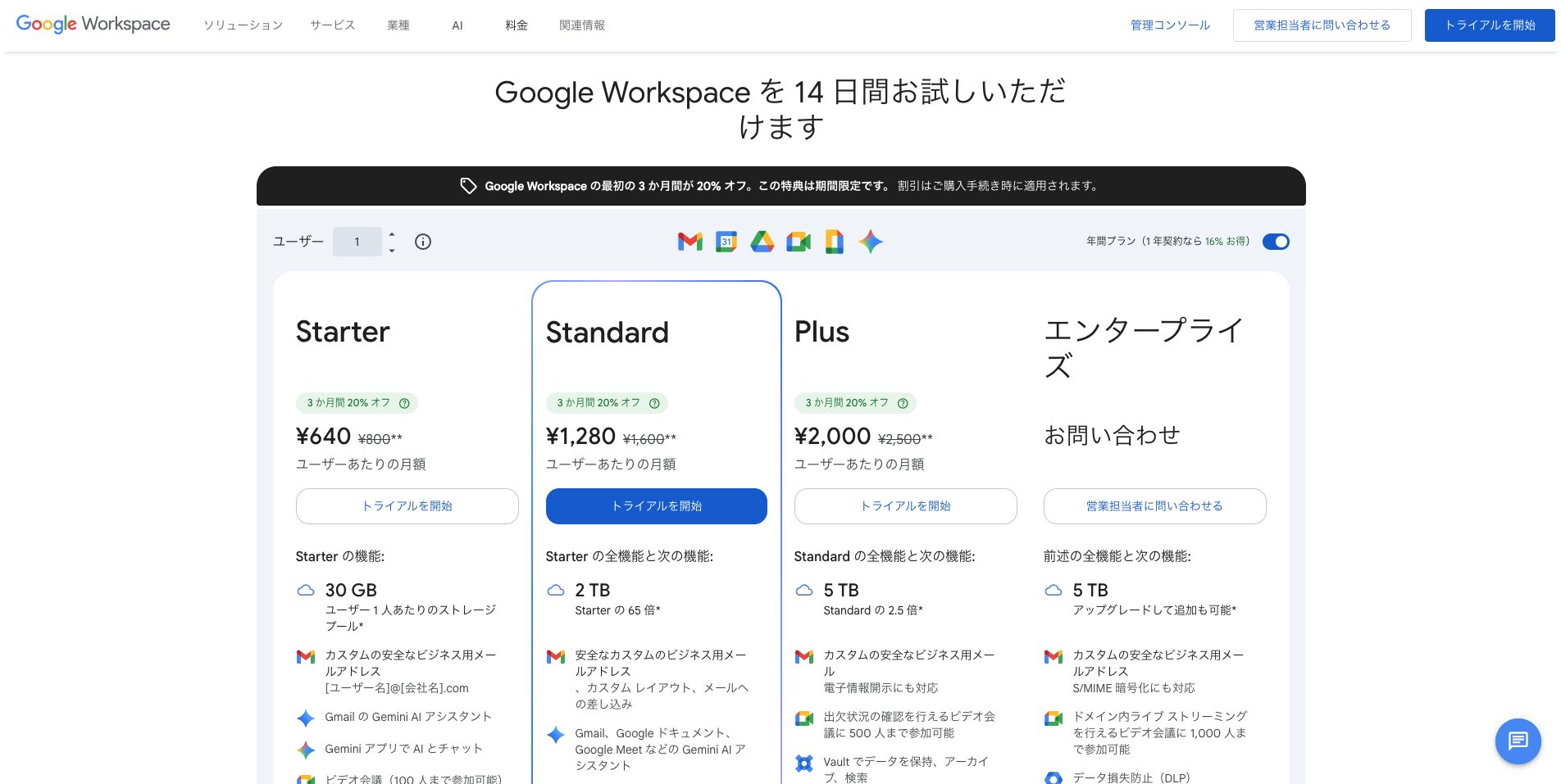 Google Workspaceの料金プラン