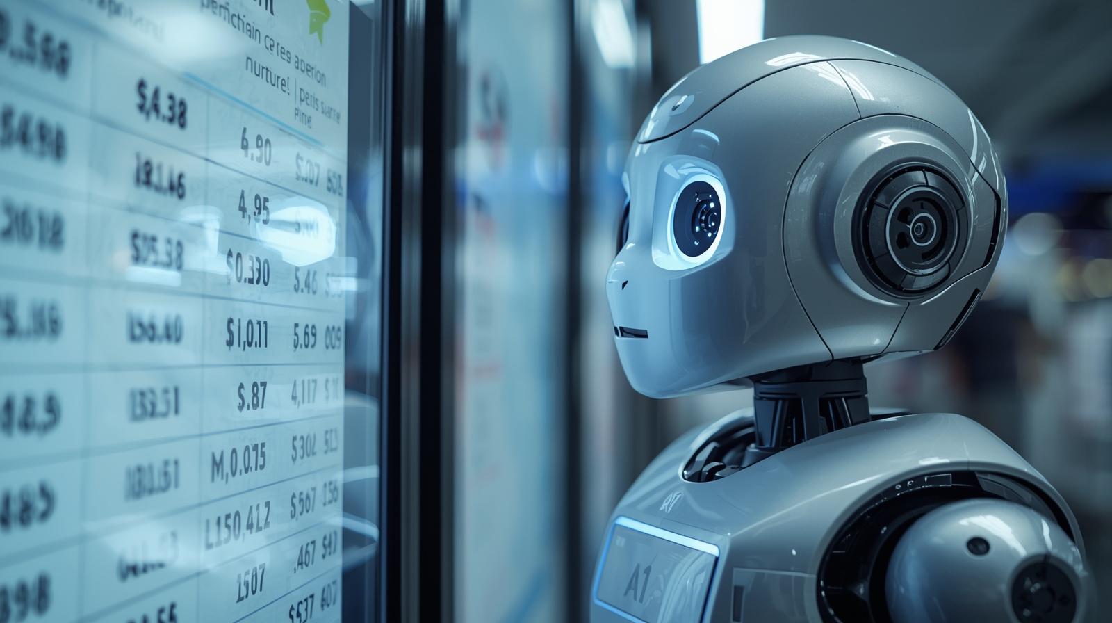 可愛いAIロボットが料金表のボードを見ているところ