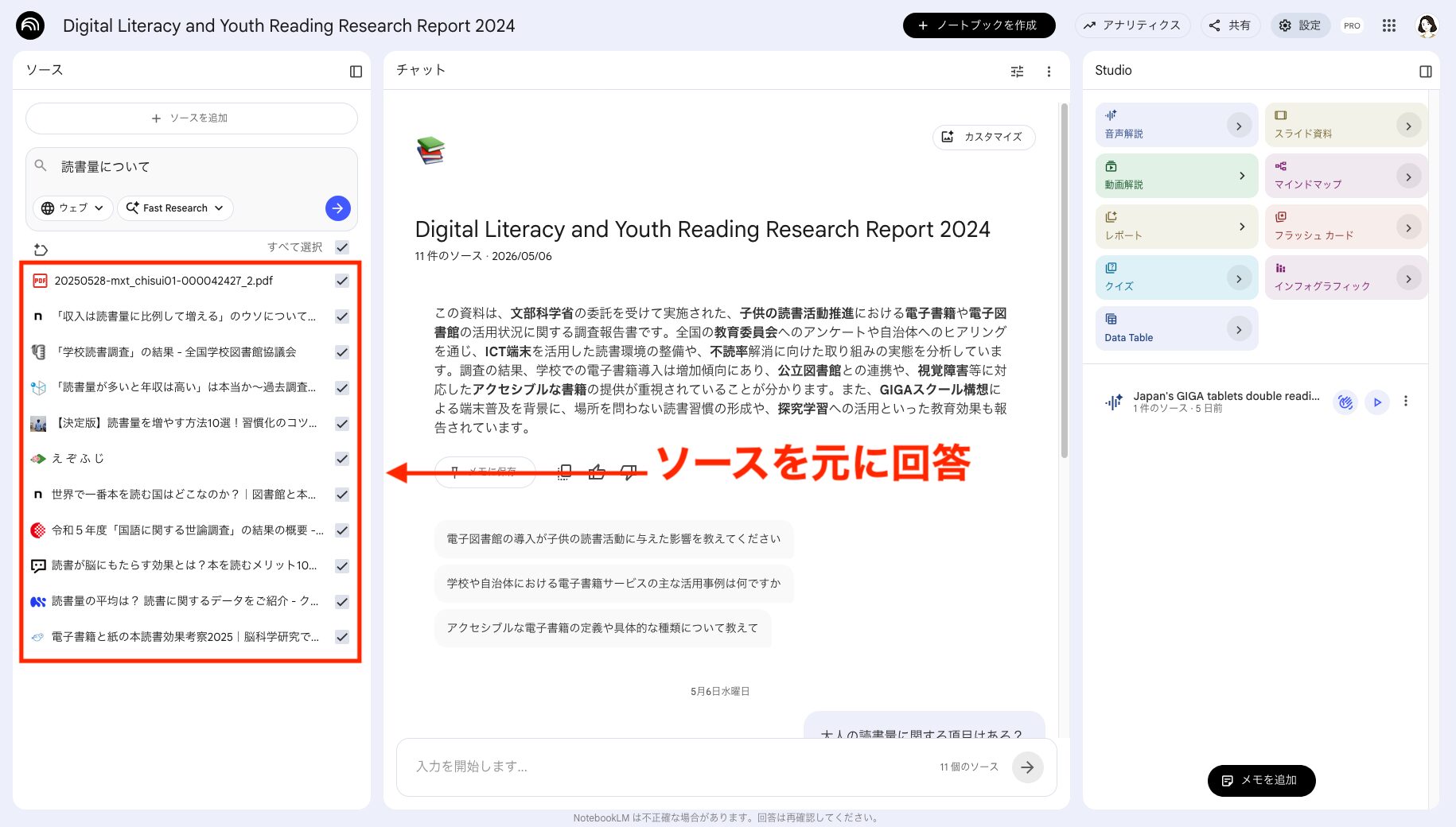 NoteobokLMのソース一覧が表示されている画面