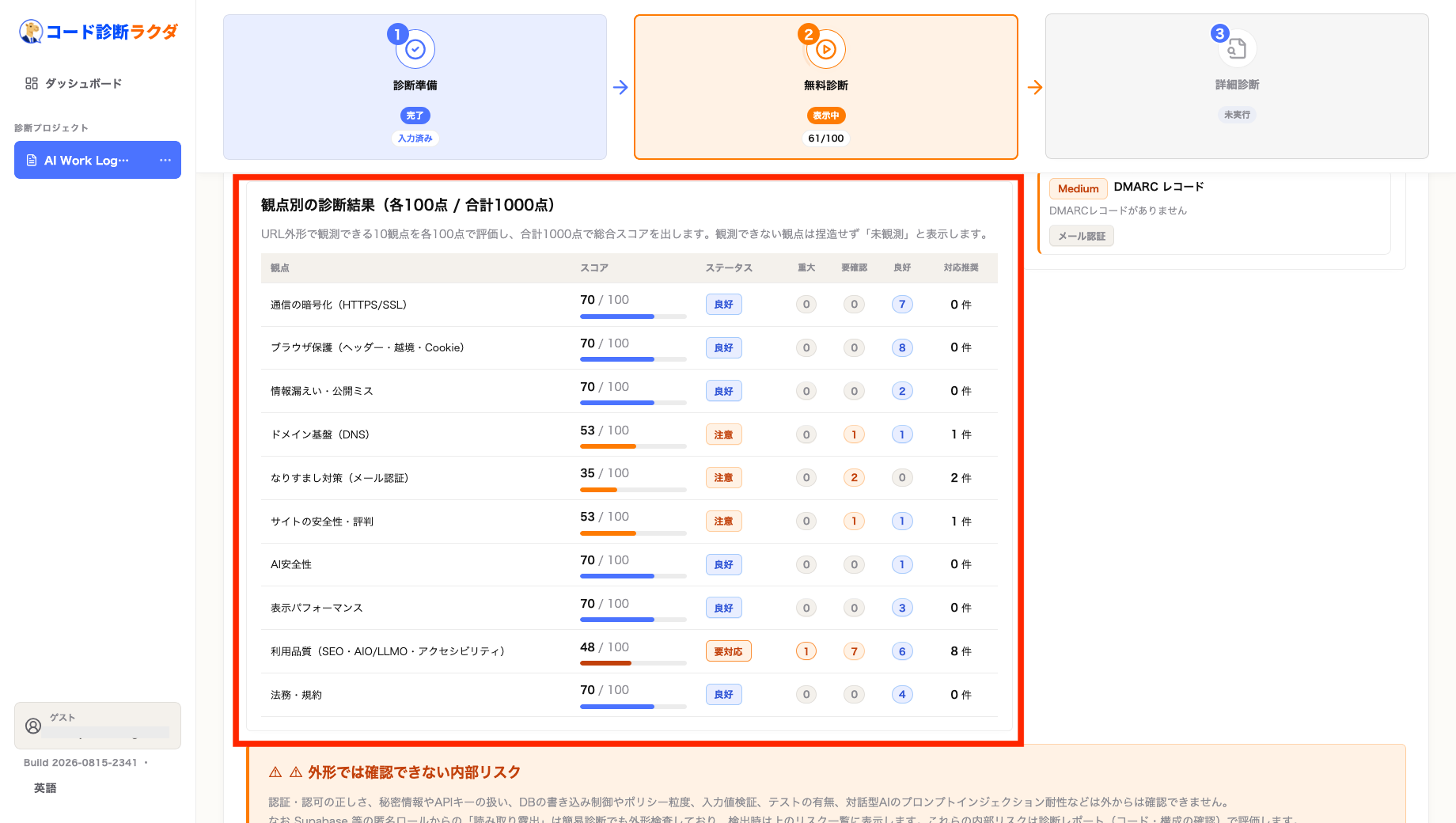 Code診断ラクダの無料診断で10観点の結果を確認する画面