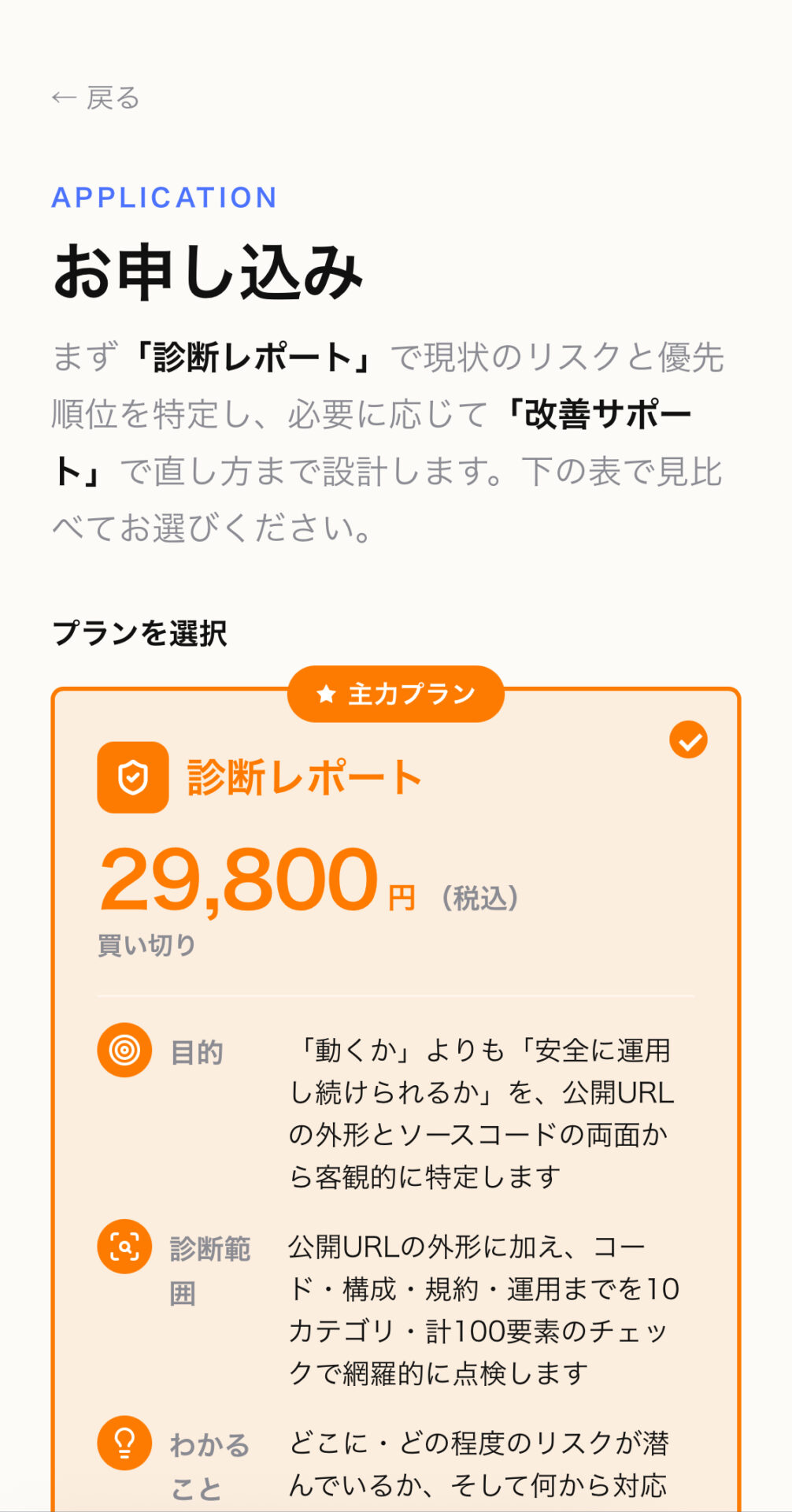 Code診断ラクダの診断レポート29,800円プランの内容をスマホで確認する画面