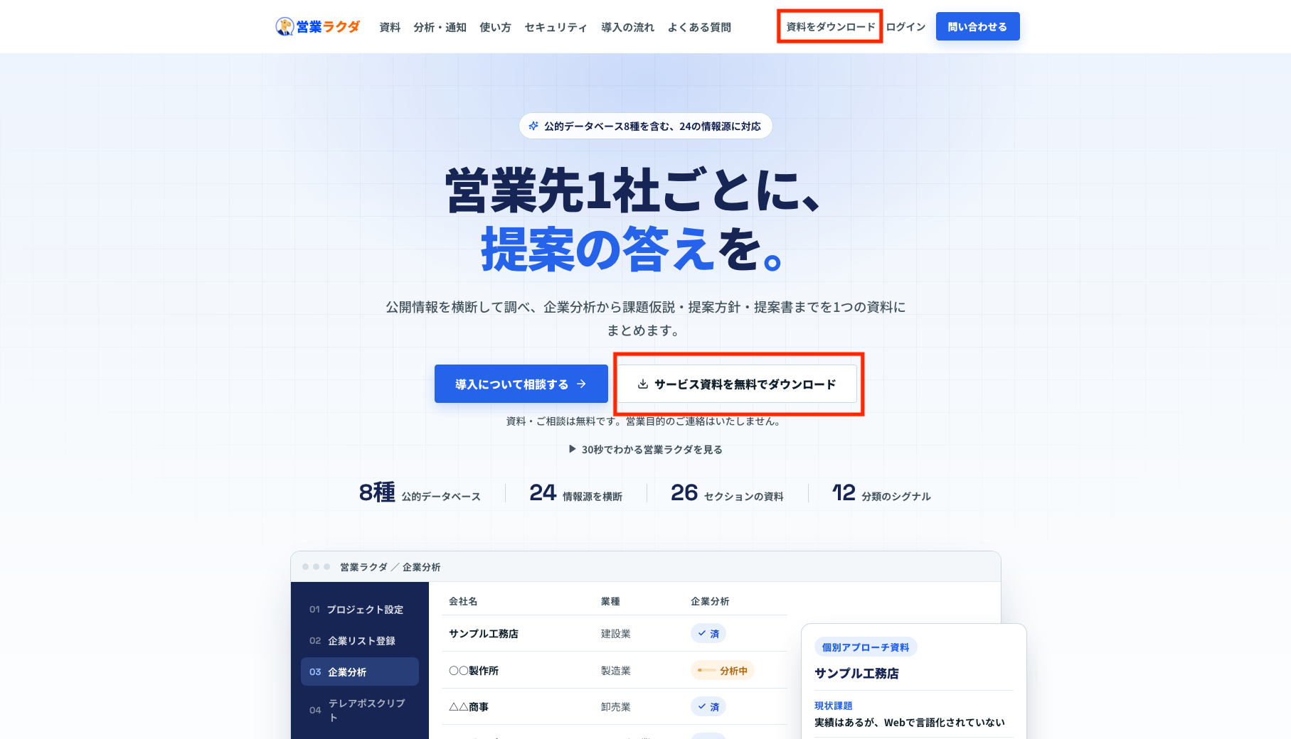 営業ラクダ公式サイトの「資料をダウンロード」メニューとサービス資料無料ダウンロードボタン
