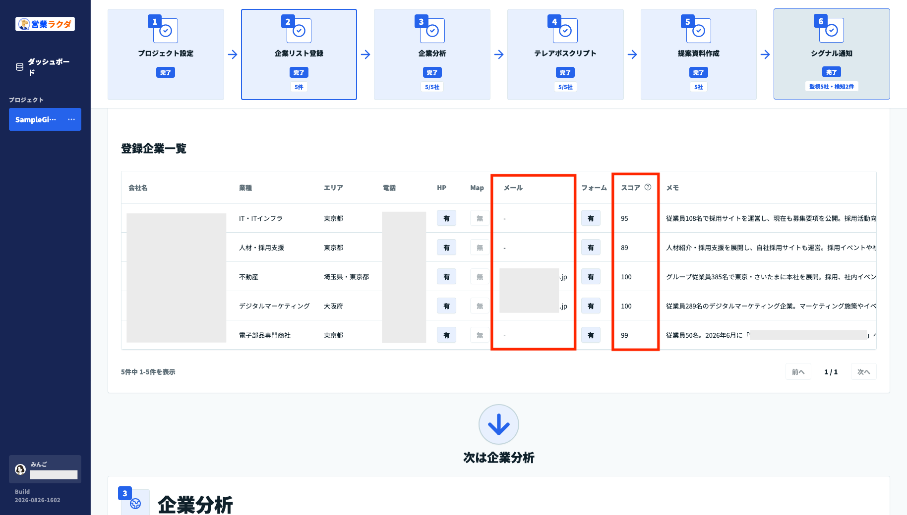 営業ラクダの登録企業一覧で連絡先とAI評価スコアを確認する画面