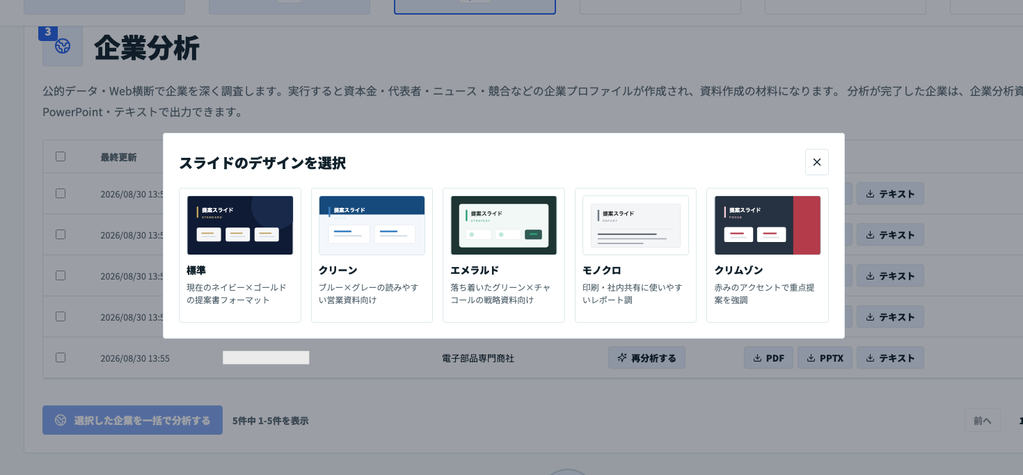 営業ラクダで企業分析資料をPowerPoint出力する際に、5種類のスライドデザインから選択する画面