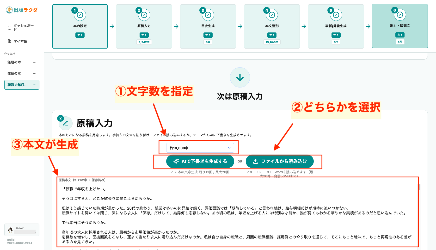 出版ラクダの「原稿入力」画面で、①文字数を指定、②AIで下書きを生成するかファイルから読み込むかを選択、③生成された本文を確認する流れを赤枠と矢印で示している